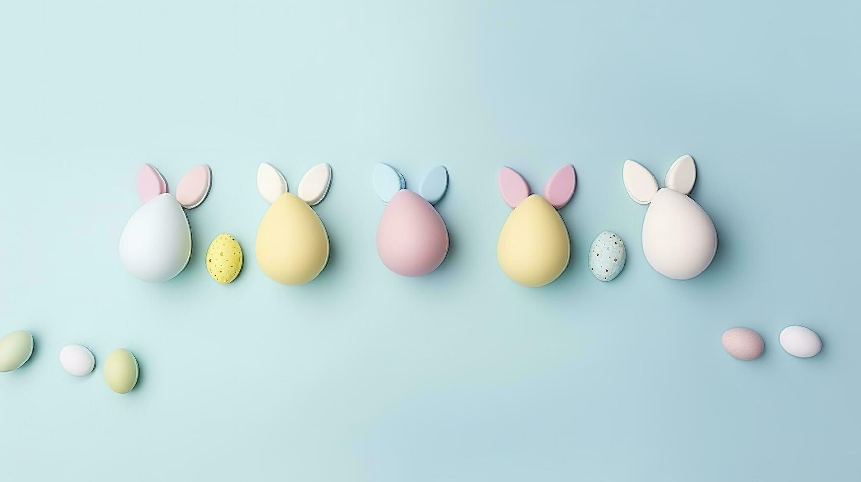 Easter party concept. Top view photo of easter bunny ears white pink blue and yellow eggs on isolated pastel blue background with copy space in the middle, generate ai