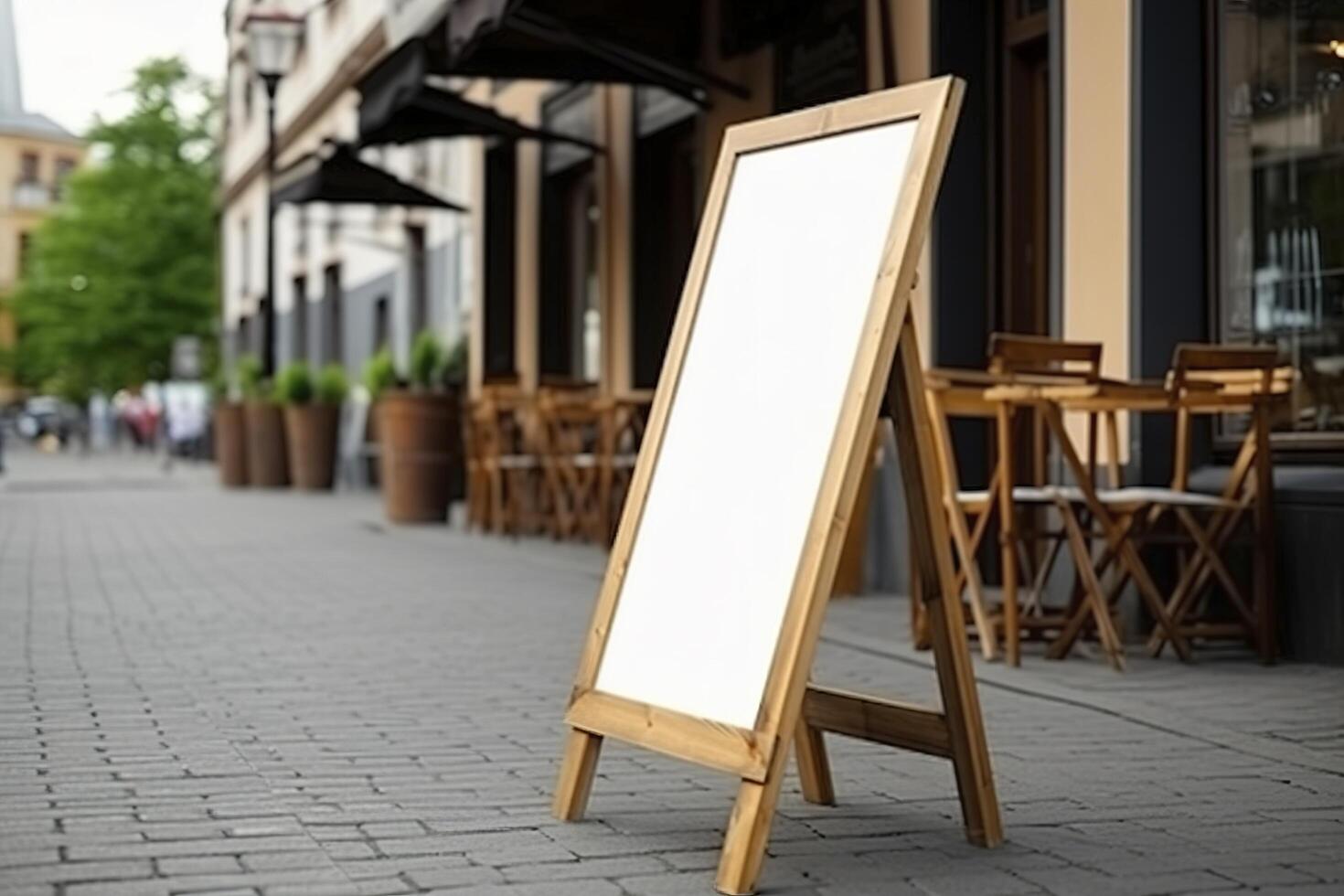 Blank restaurant shop sign or menu boards near the entrance to restaurant. Cafe menu on the street. Blackboard sign in front of a restaurant. Signboard, freestanding A-frame blackboard. . photo