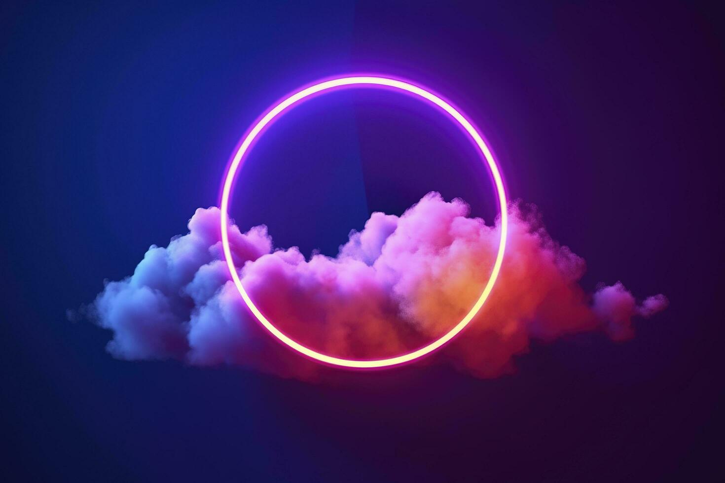 3d render, abstract cloud illuminated with neon light ring on dark night sky. Glowing geometric shape, round frame, generate ai photo