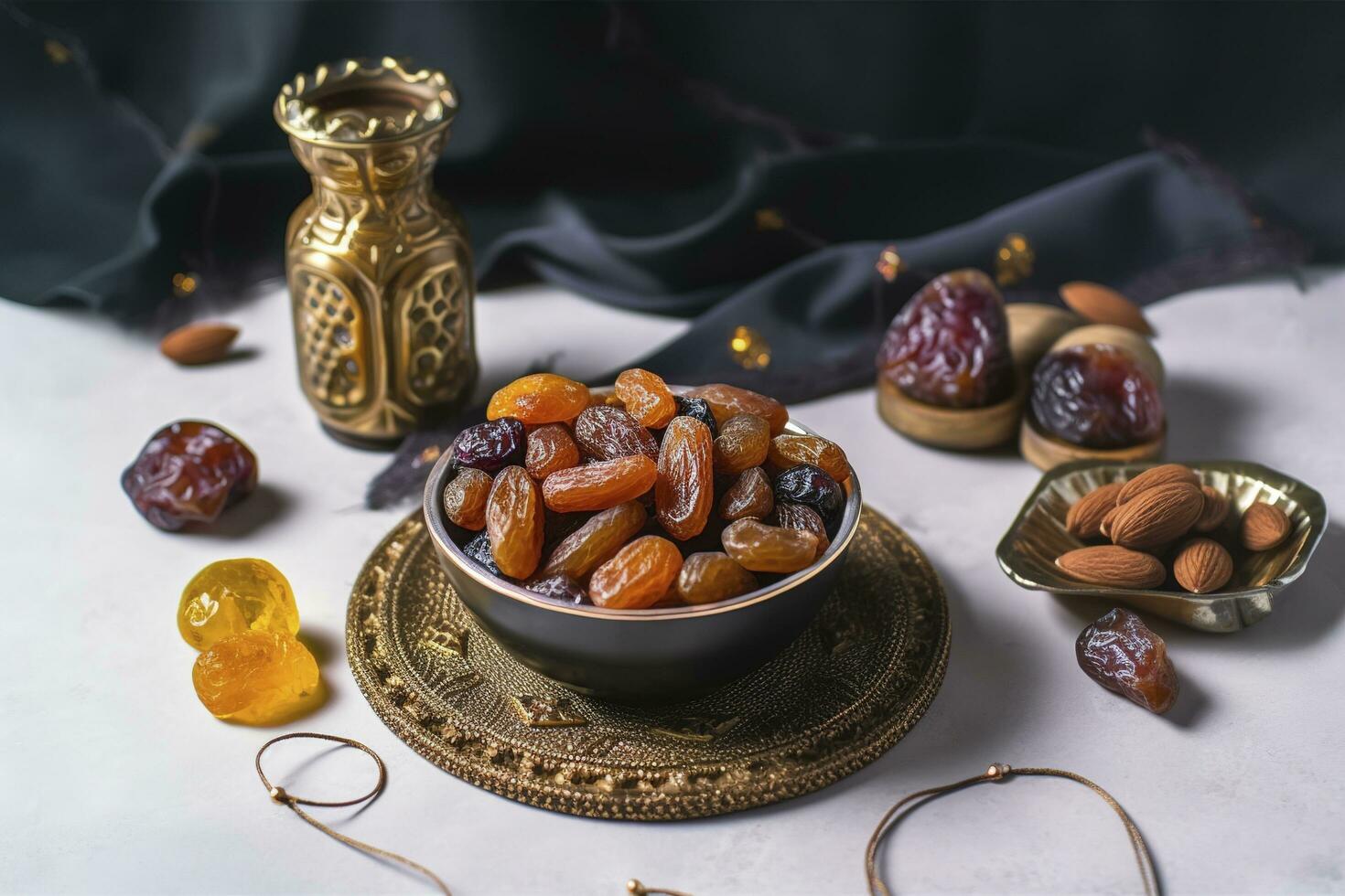 Eid al-Fitr holiday concept with sweet dried dates, fruits and decorations on bright background. Top view from above, generate ai photo