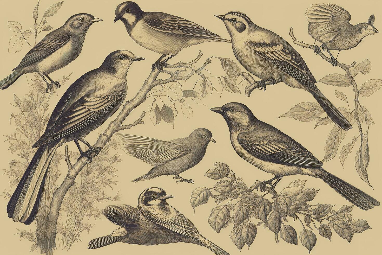 Engraved vintage set of birds elements , generate ai photo