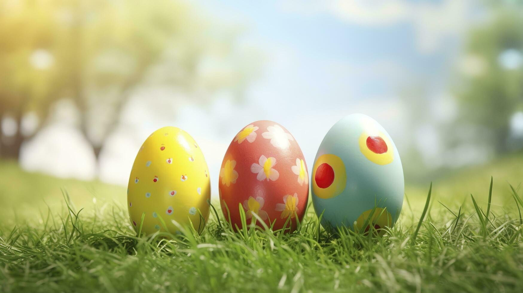 Photo of colored easter eggs laying in grass outside, generate ai
