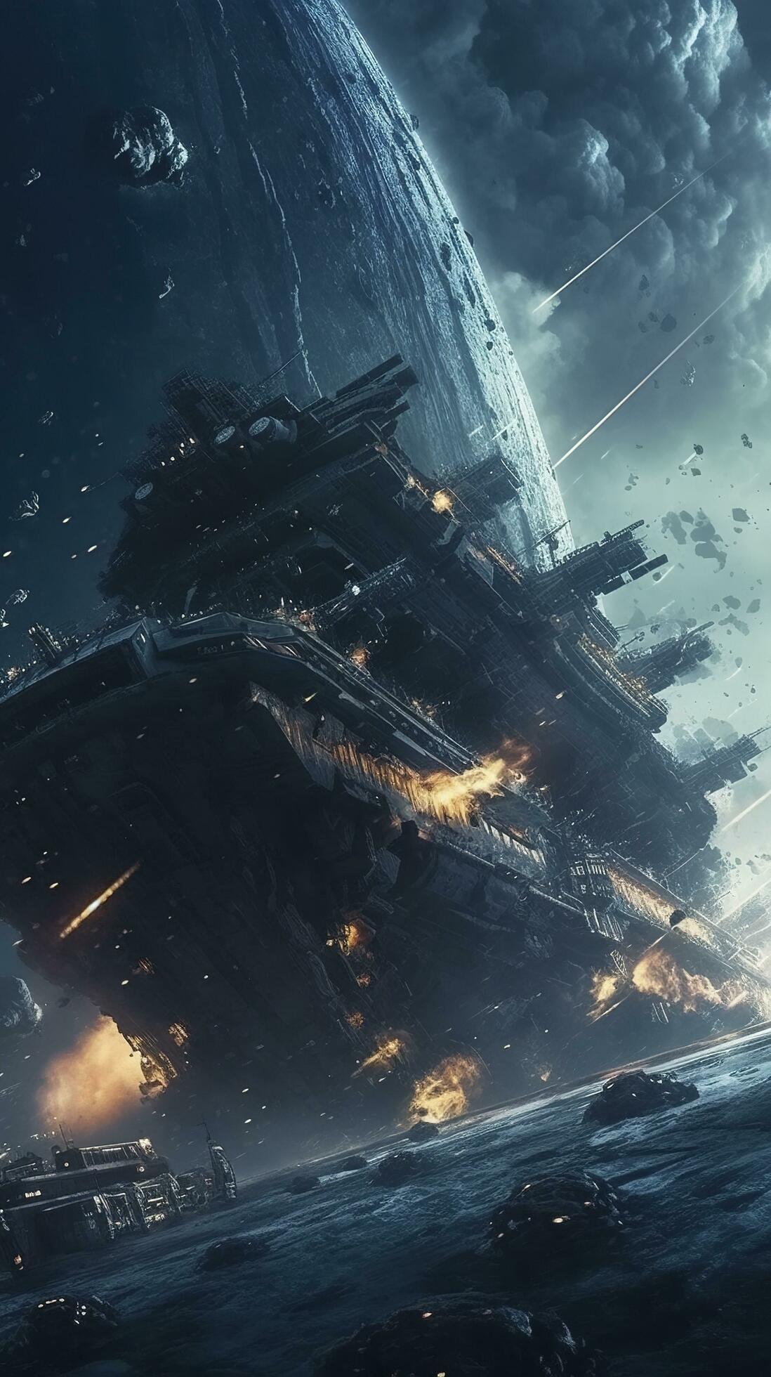 SuperHumanEpoch: Cinematic Still, intense space battle between two massive  battleships, starry sky, nebulae, galaxies, HDR futuristic space battleship  destroyers traveling through an asteroid field, planer in the isolated  blurred background