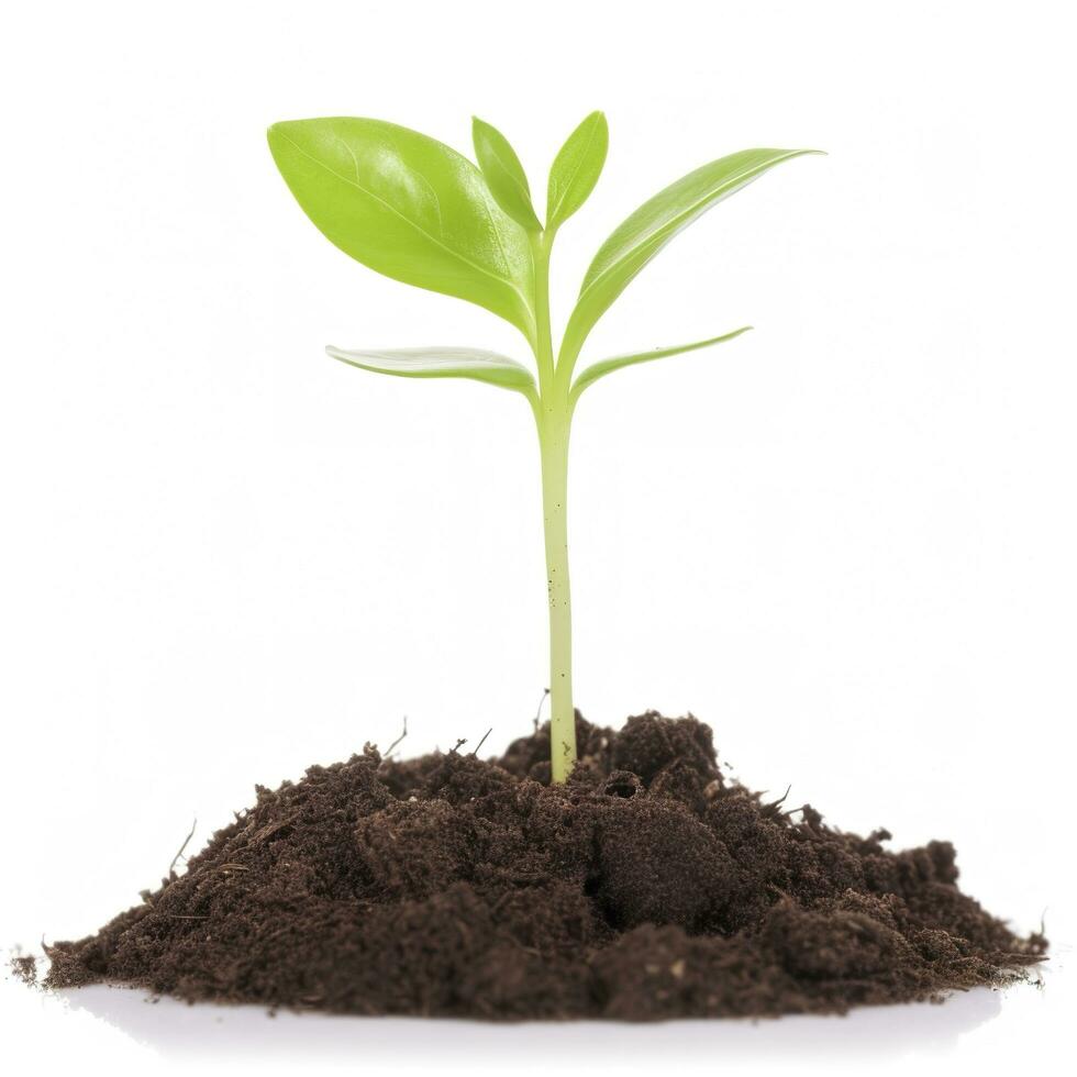 Green sprouts growing out from soil isolated on white background, Young plant of pomelo in soil humus on a white background, earth day concept, ecology concept, generate ai photo