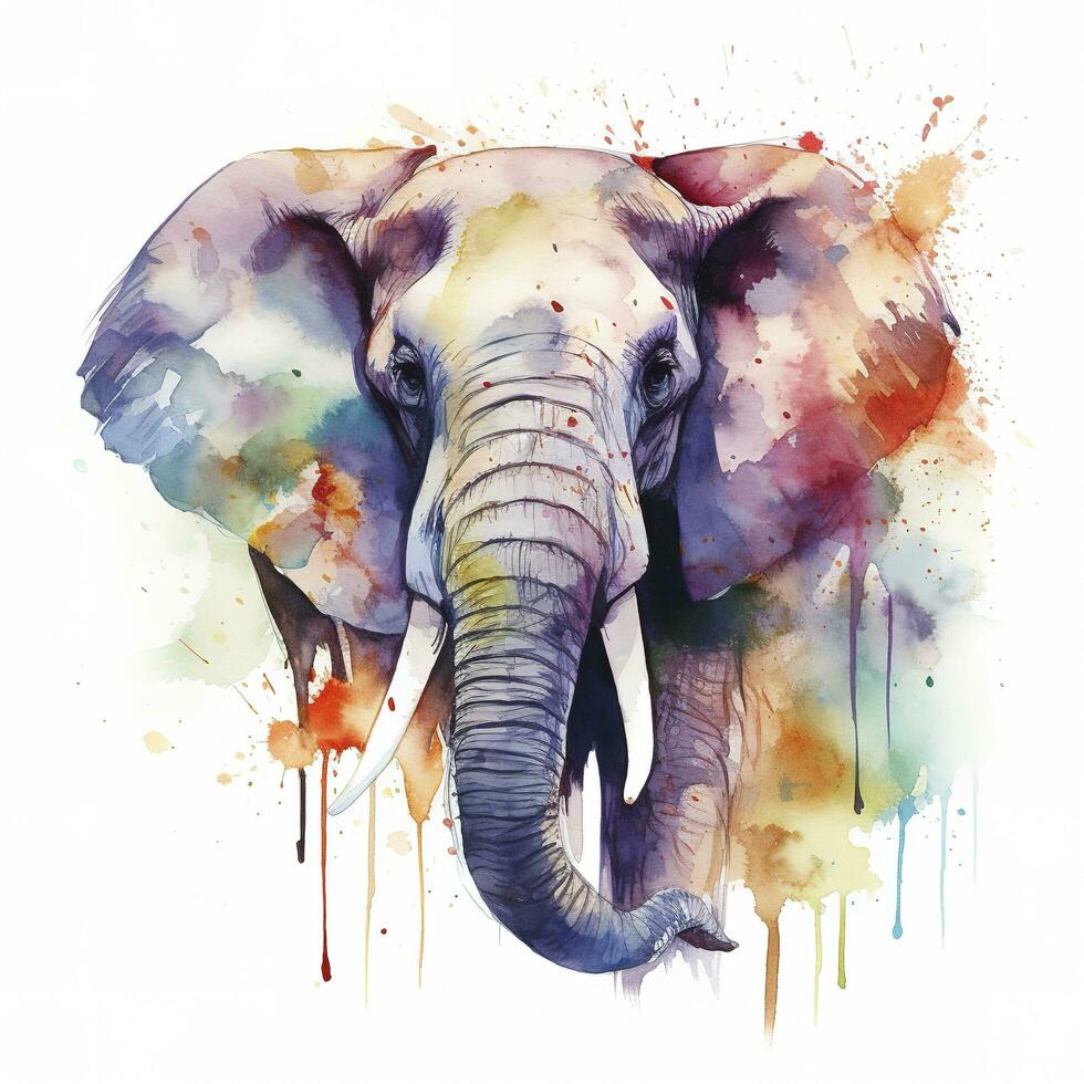 A elephant  watercolor painting, beautiful natural forms, crisp clean shapes, colorful, white background, generate ai photo