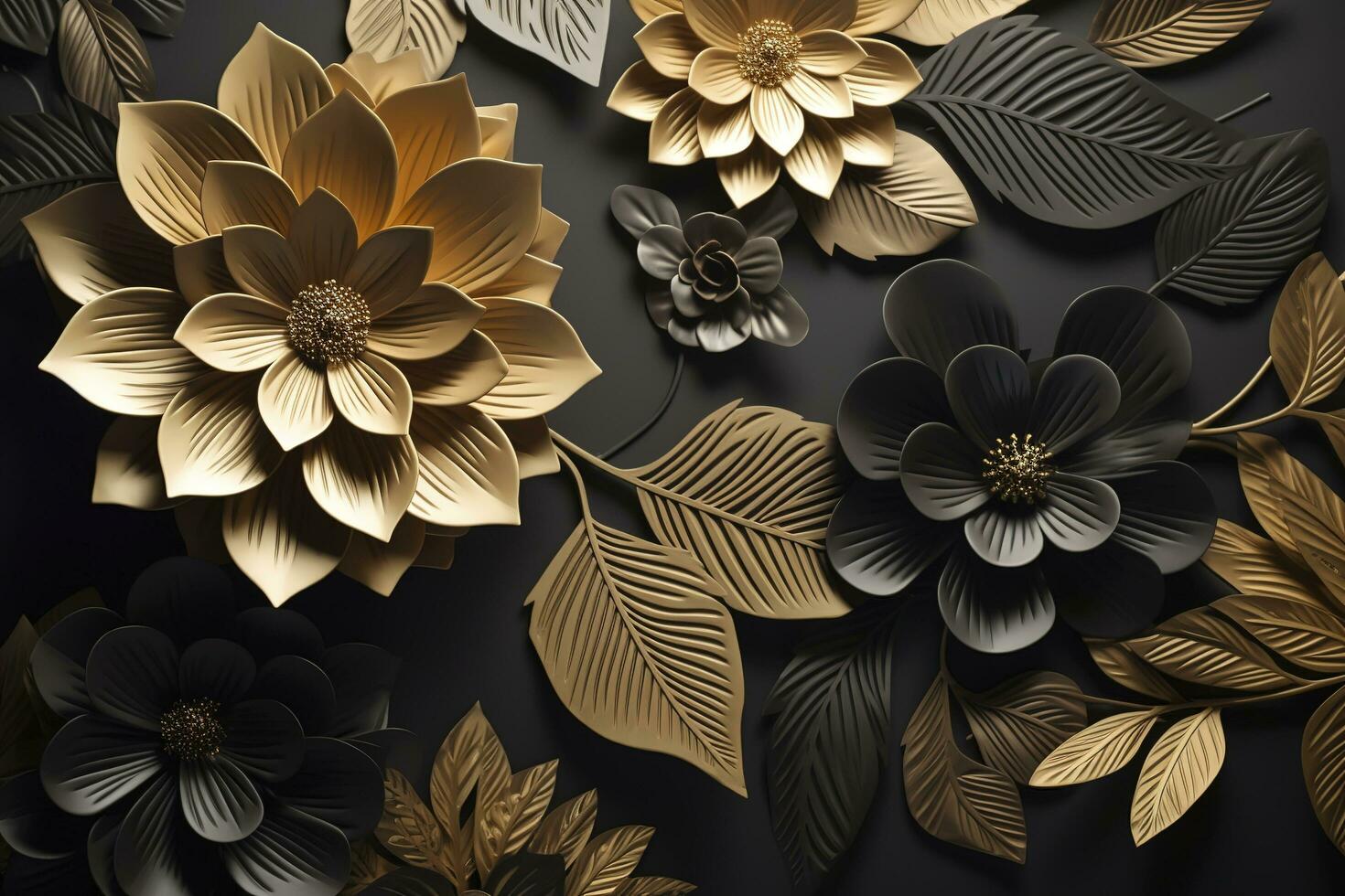 3d mural floral wallpaper. golden and black flowers and leaves. 3d render  background wall decor, generate ai 24475582 Stock Photo at Vecteezy