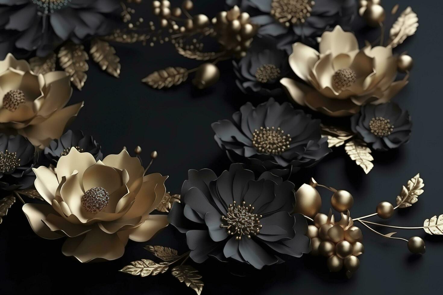 3d mural floral wallpaper. golden and black flowers and leaves. 3d render background wall decor, generate ai photo