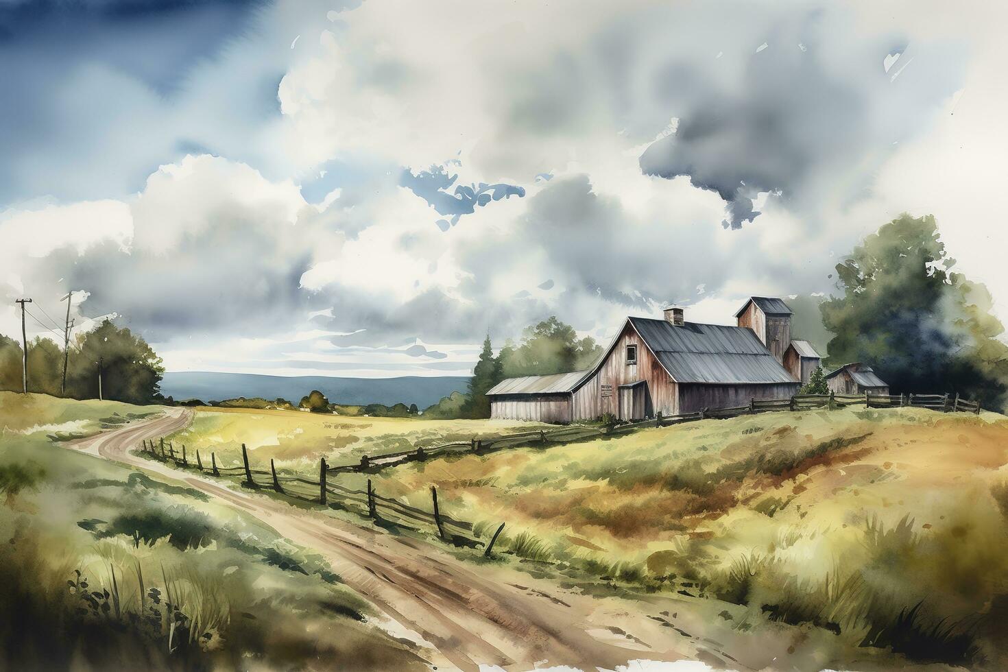 a watercolor painting of a rural countryside scene, featuring a picturesque farm or barn, rolling hills, and a blue sky with fluffy clouds, generate ai photo