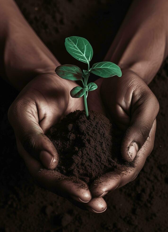 un niño participación un planta en su manos con un verde antecedentes y luz de sol brillante mediante el hojas en el planta, generar ai foto