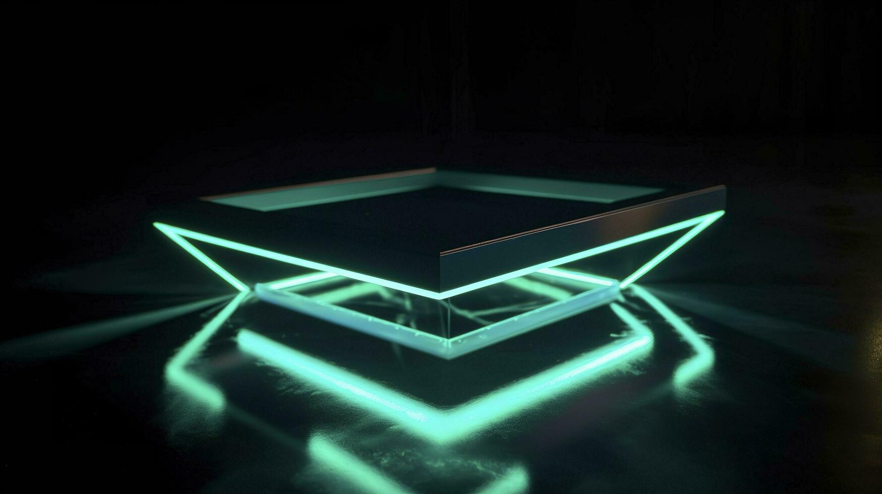 a neon light in blue glowing shape, in the style of bold geometric minimalism, quadratura, hyper-realistic water, dark emerald and light cyan, generat ai photo