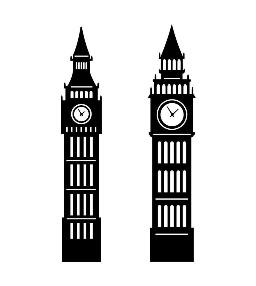 Big Ben tower silhouette isolated on white background. Vector flat illustration