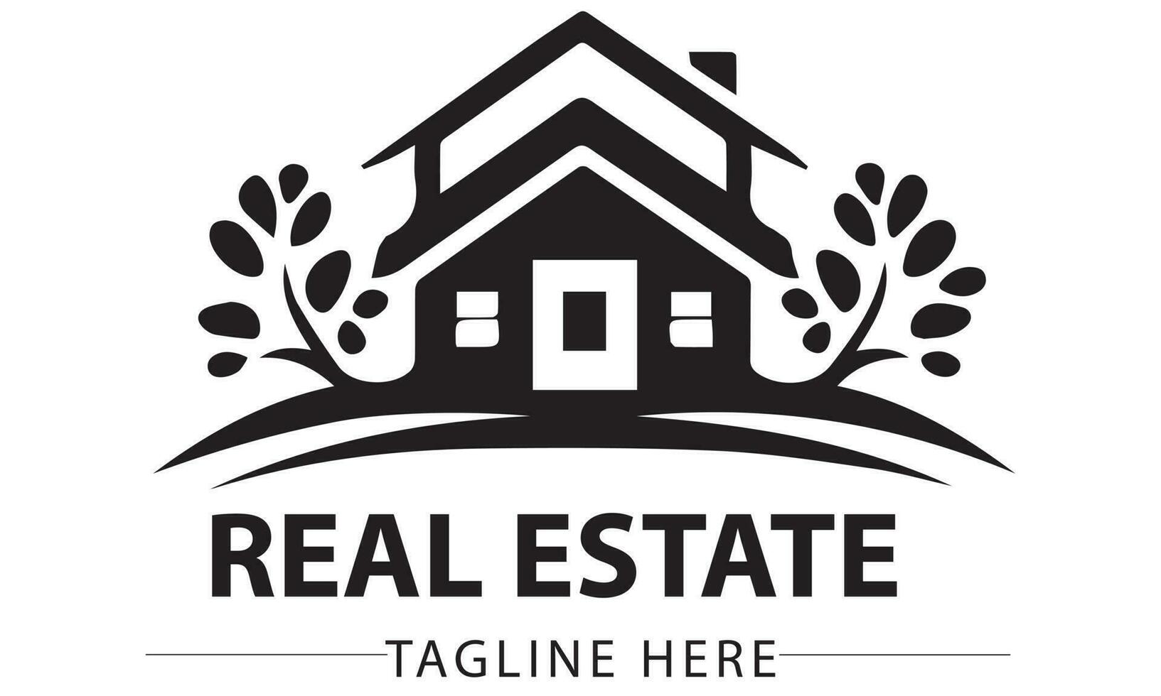 A black and white real estate business logo with a house and trees vector