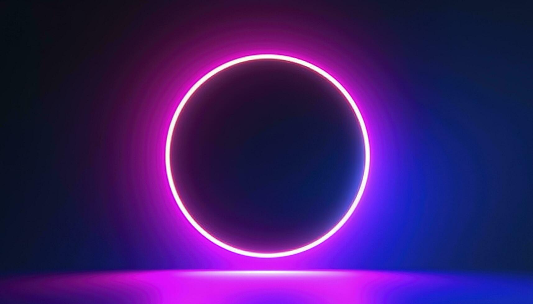 3d render, blue pink neon round frame, circle, ring shape, empty space, ultraviolet light, 80s retro style, fashion show stage, abstract background, generate ai photo