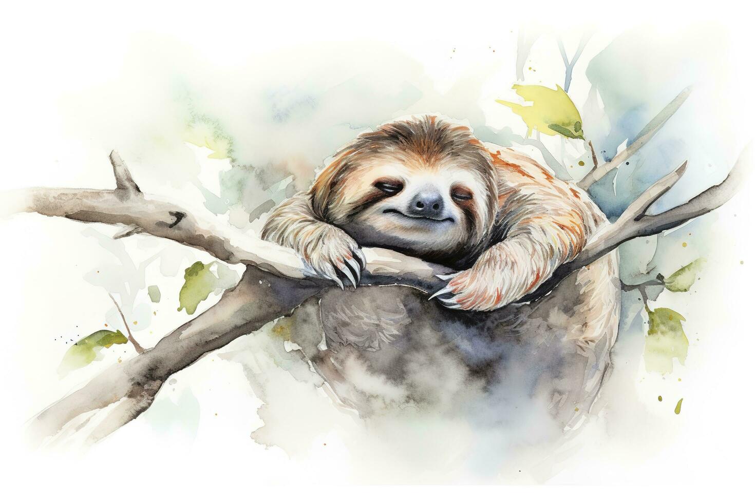 A sloth sleeping on a tree branch watercolor painting, beautiful natural forms, crisp clean shapes, colorful, white background, generate ai photo