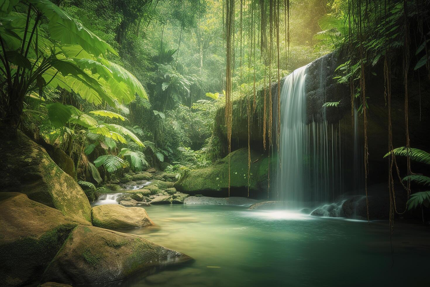 cascada en un tropical selva generativo ai foto