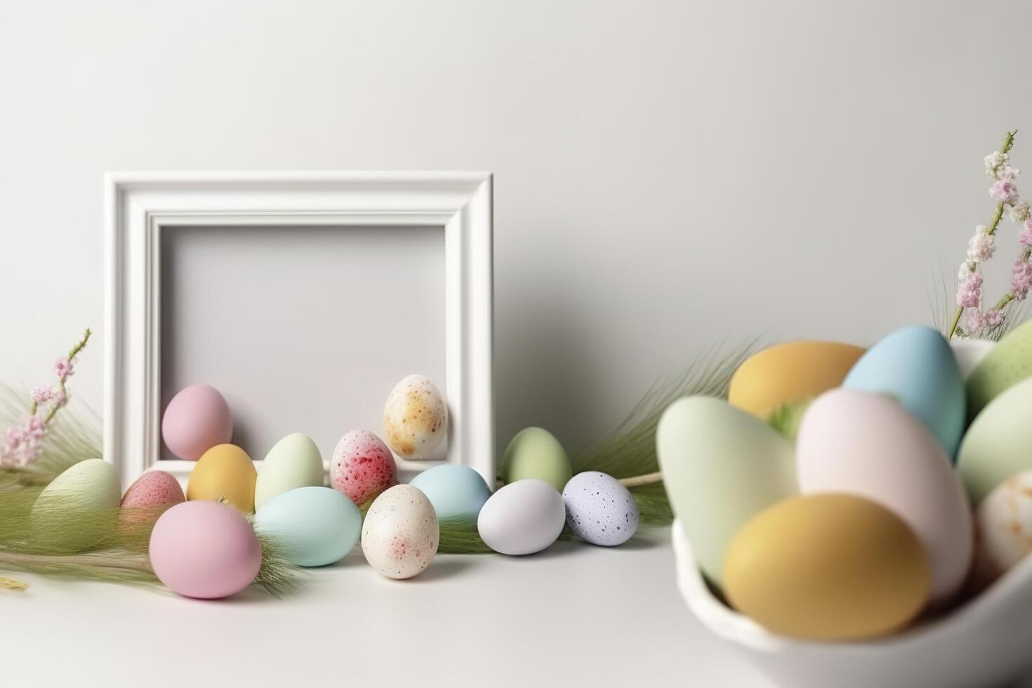 Colorful Easter Eggs with white frame copy space , photo