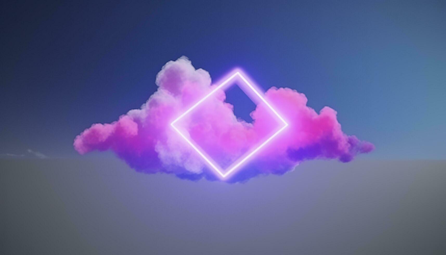 3d render, abstract minimal background with pink blue yellow neon light square frame with copy space, illuminated stormy clouds, glowing geometric shape, generate ai photo