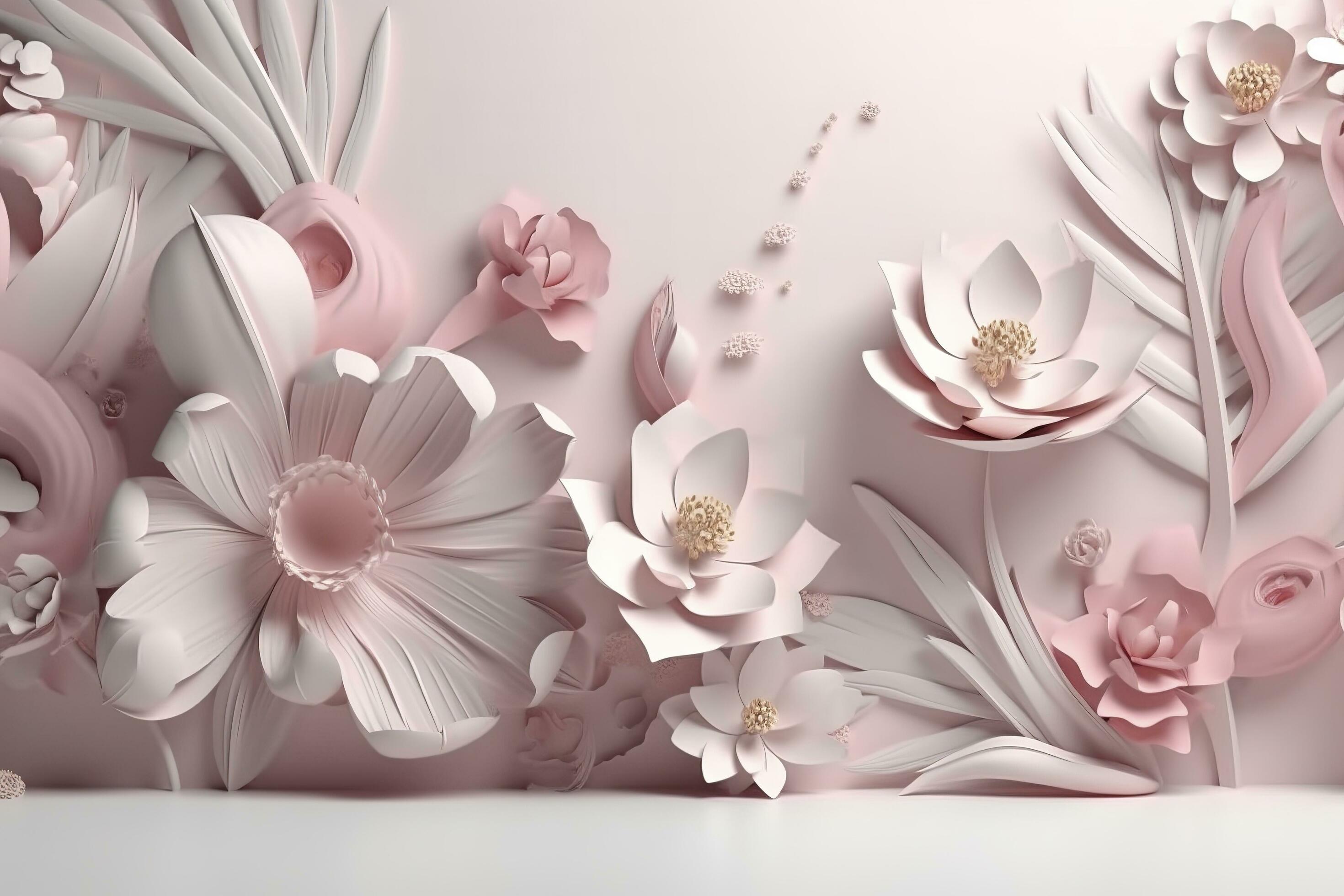 3d illustration mural wallpaper . pink flowers in light background for