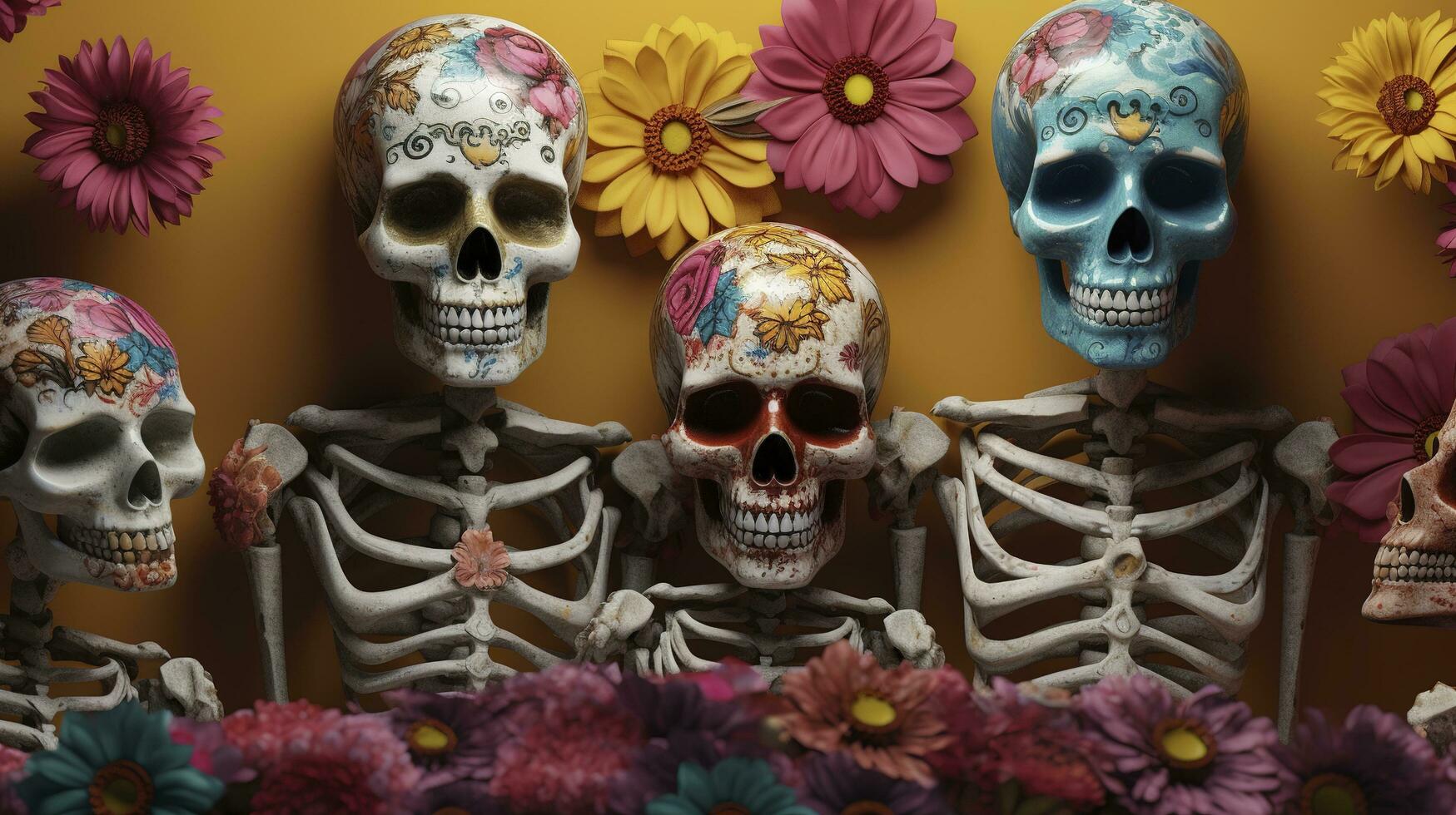 skeleton family, skulls, flowers, dusted, faded, mexican art, day of the dead, hyper detailed, intricate patterns, art deco, vibrant colors, unreal engine, generate ai photo