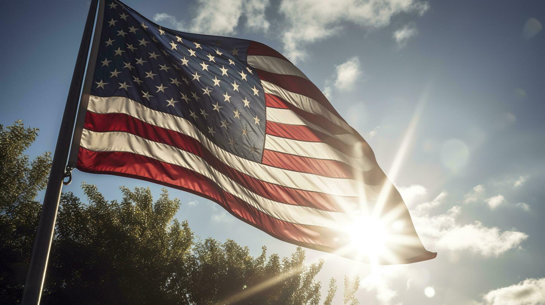 Backlit us national flag flying and waving in the wind over gray stormy cloudy sky, symbol of american patriotism, low angle, generate ai photo