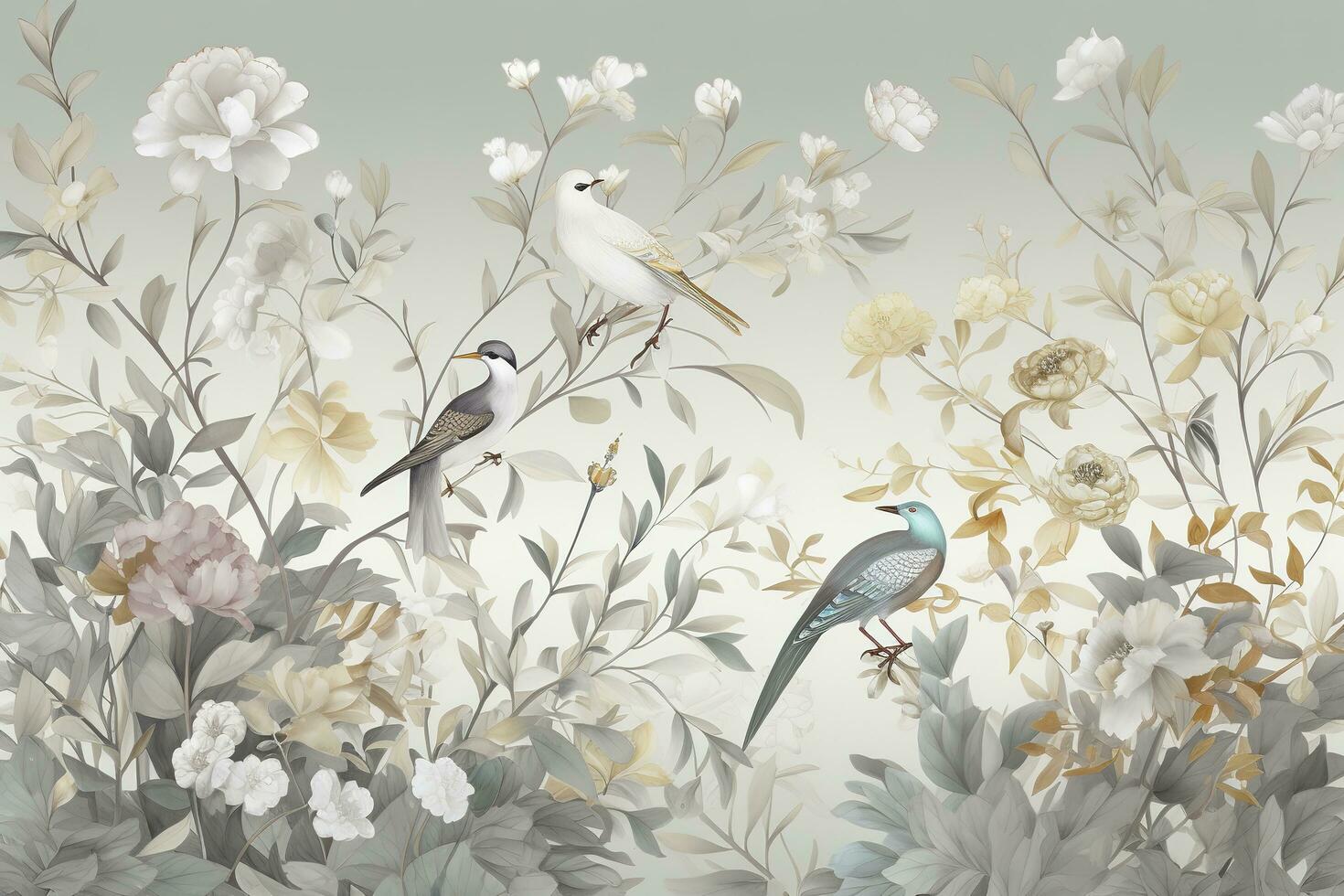 3d floral mural wallpaper with a light simple background. branches of flowers, herbs, birds, and mountains. modern art for wall home decor, generate ai photo