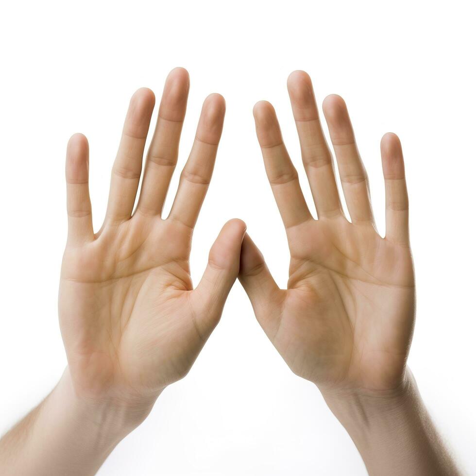 Woman holding her hands against white background, closeup, generate ai photo