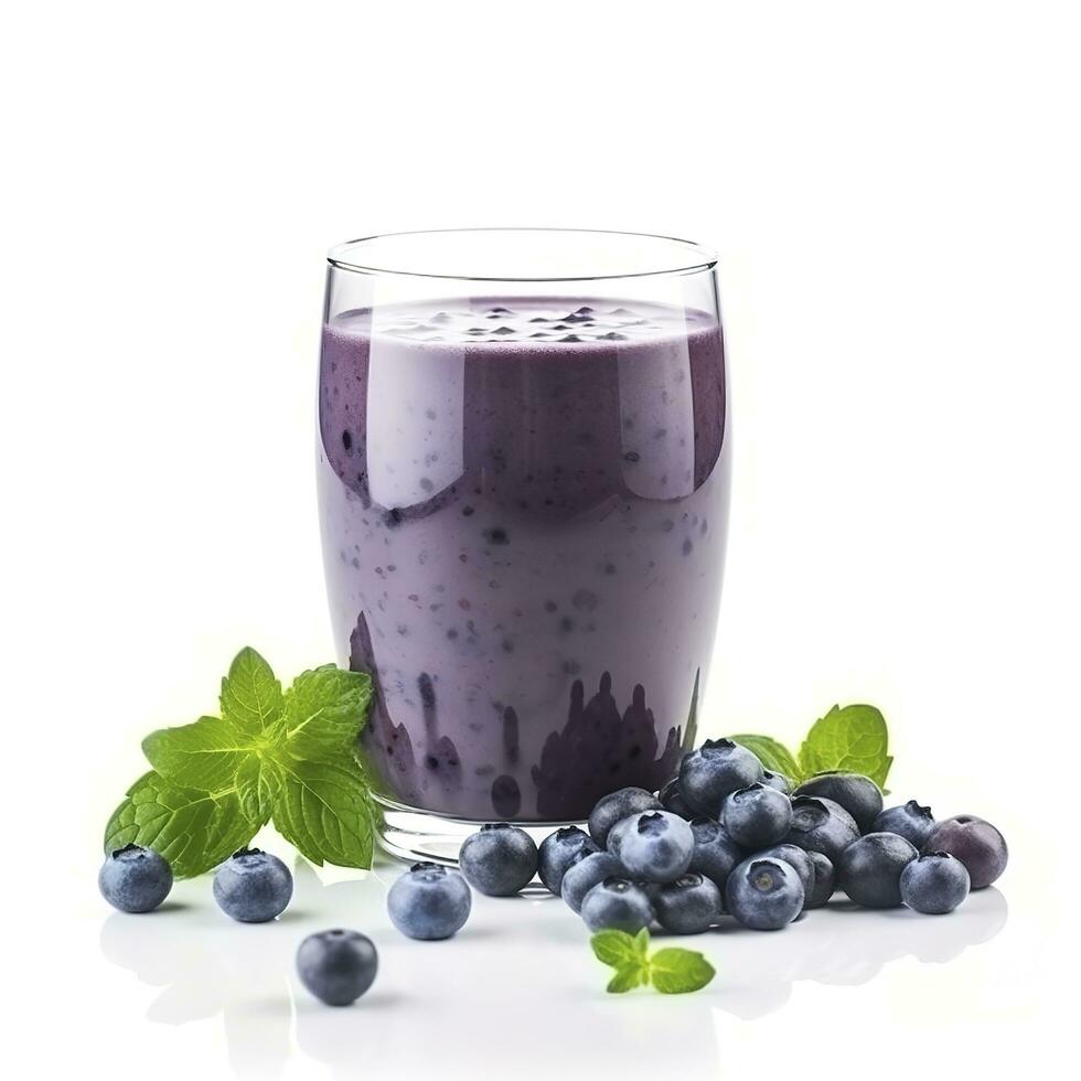 Tasty blueberry smoothie in glass isolated on white background, generate ai photo