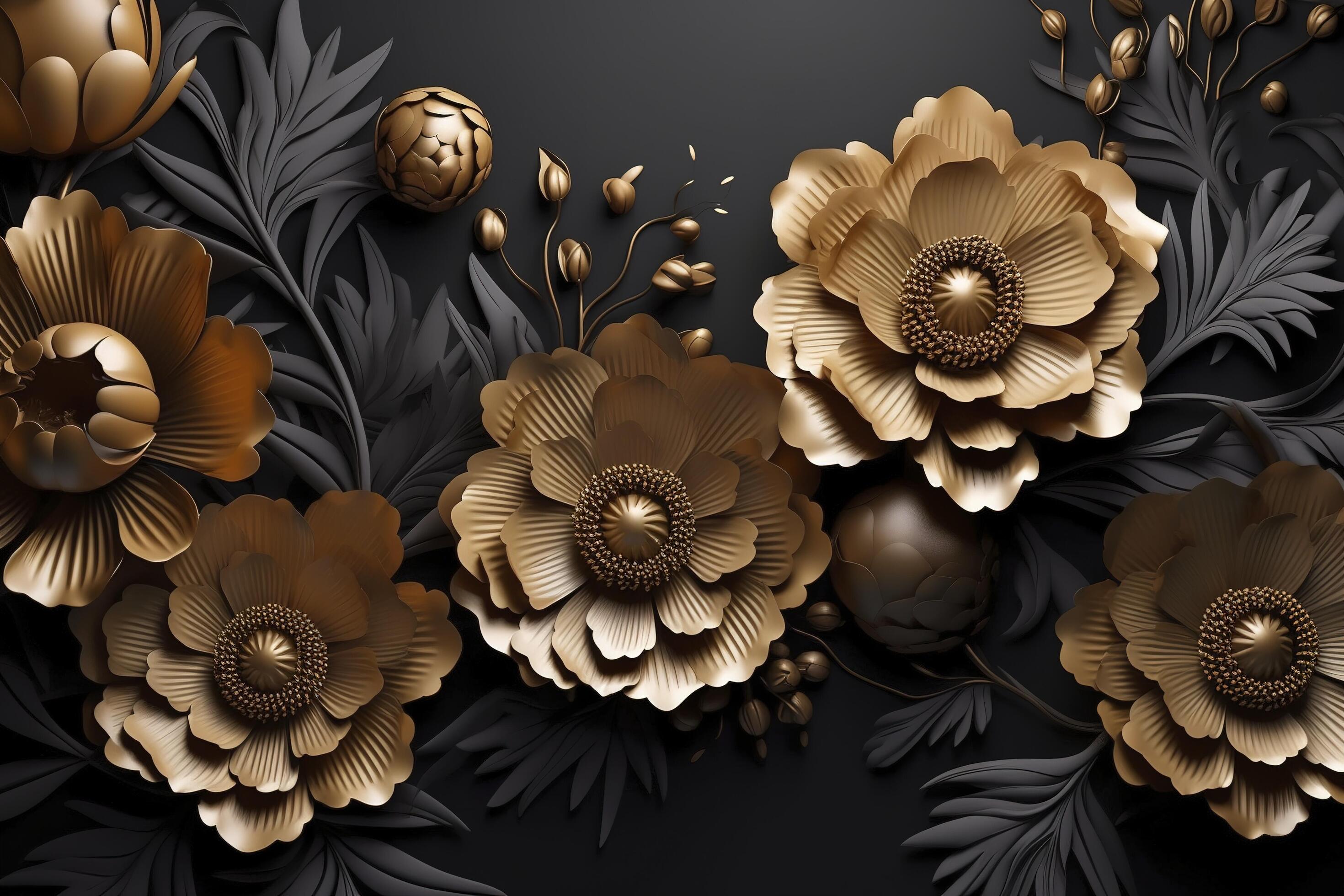 3d mural floral wallpaper. golden and black flowers and leaves. 3d