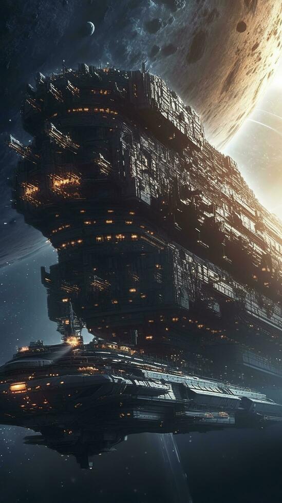 SuperHumanEpoch: Cinematic Still, intense space battle between two massive  battleships, starry sky, nebulae, galaxies, HDR futuristic space battleship  destroyers traveling through an asteroid field, planer in the isolated  blurred background