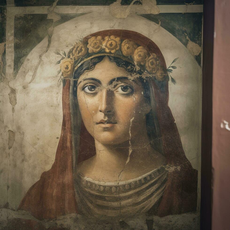 Fresco portrait of woman from Pompei ruins, ancient Rome, Italy, generate ai photo