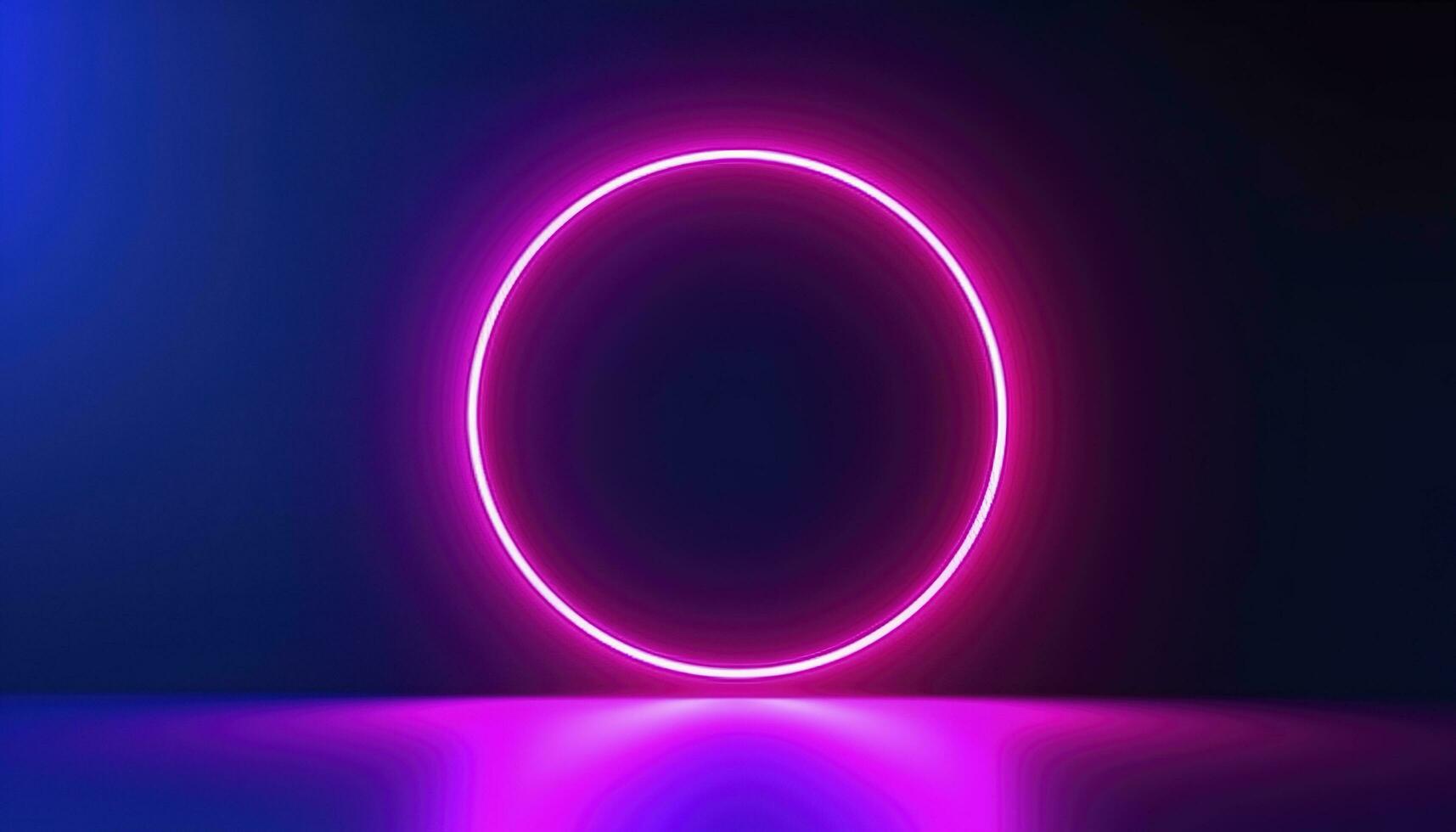 3d render, blue pink neon round frame, circle, ring shape, empty space, ultraviolet light, 80s retro style, fashion show stage, abstract background, generate ai photo