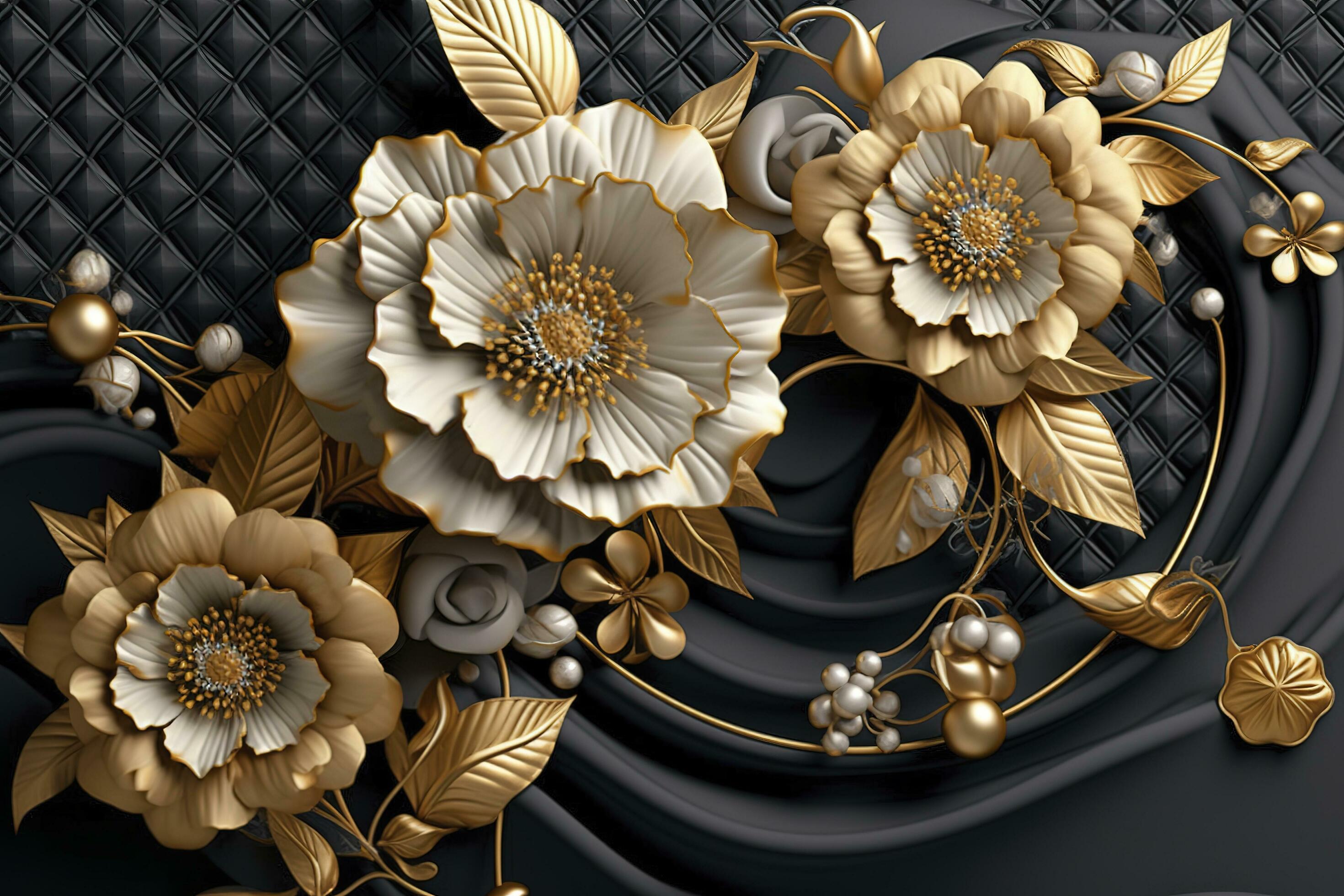 3d mural floral wallpaper. golden and black flowers and leaves. 3d render  background wall decor, generate ai 24475582 Stock Photo at Vecteezy