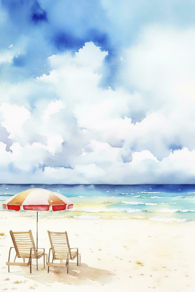 Beautiful beach banner. White sand, chairs, and umbrella travel tourism wide panorama background concept. Amazing beach watercolor landscape watercolor painting, generate ai photo