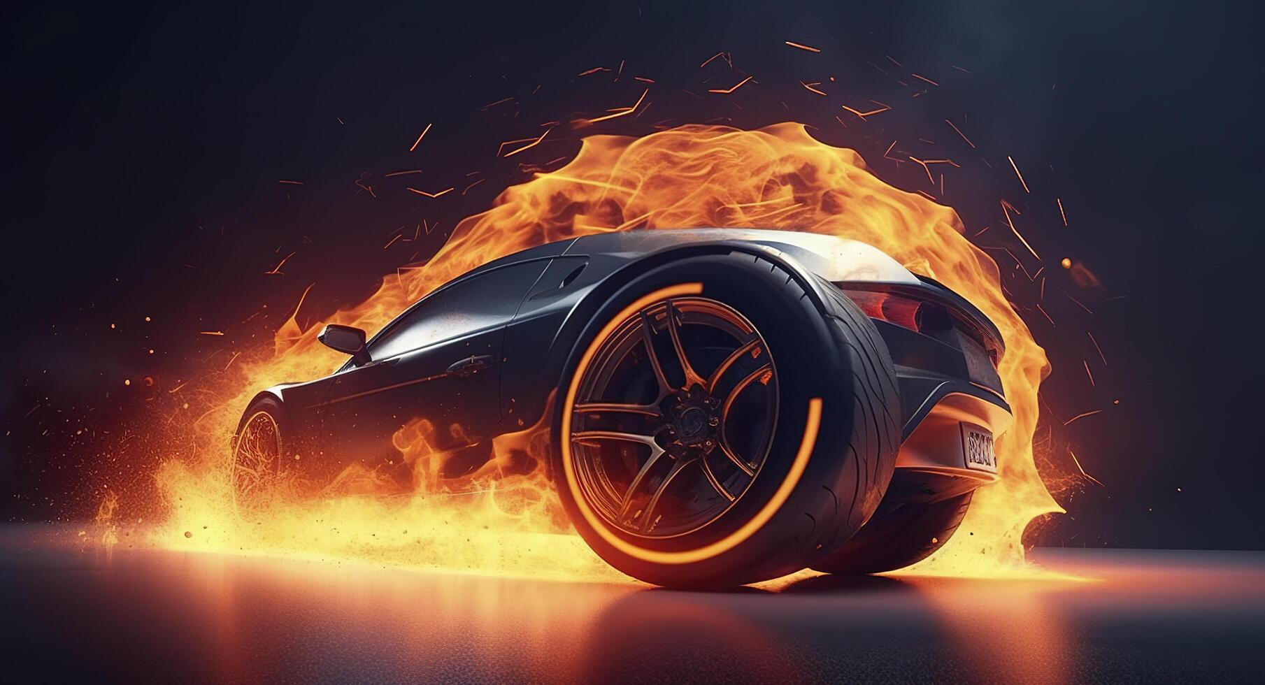 3D rendering, Sports Car Racing on race track with the fire burning, Car wheel drifting, photo