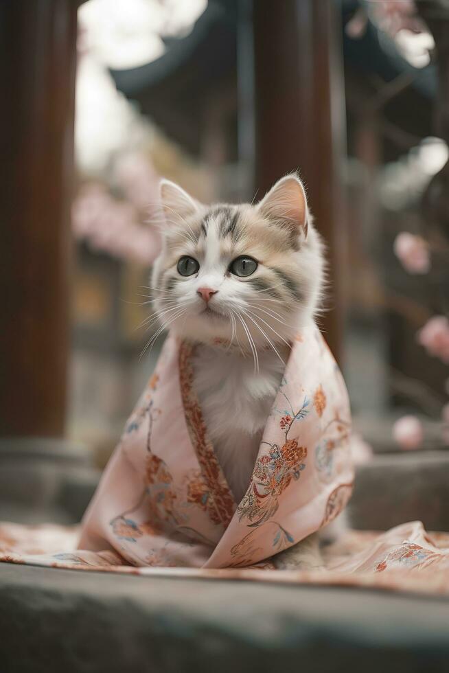 A cute miniature kitten in a gorgeous Chinese dress, shawl wedding dress, chiffon material, floor - length skirt with embroidery and laceg, generate ai photo