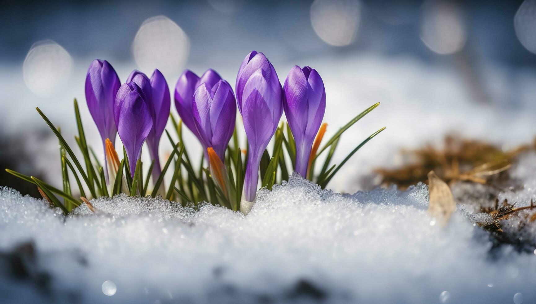 Crocuses - blooming purple flowers making their way from under the snow in early spring, closeup with space for text , generate ai photo