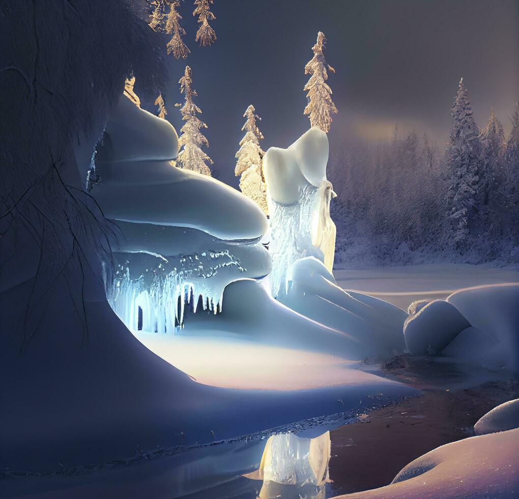 Toy house stands in snow during the night , generate ai photo