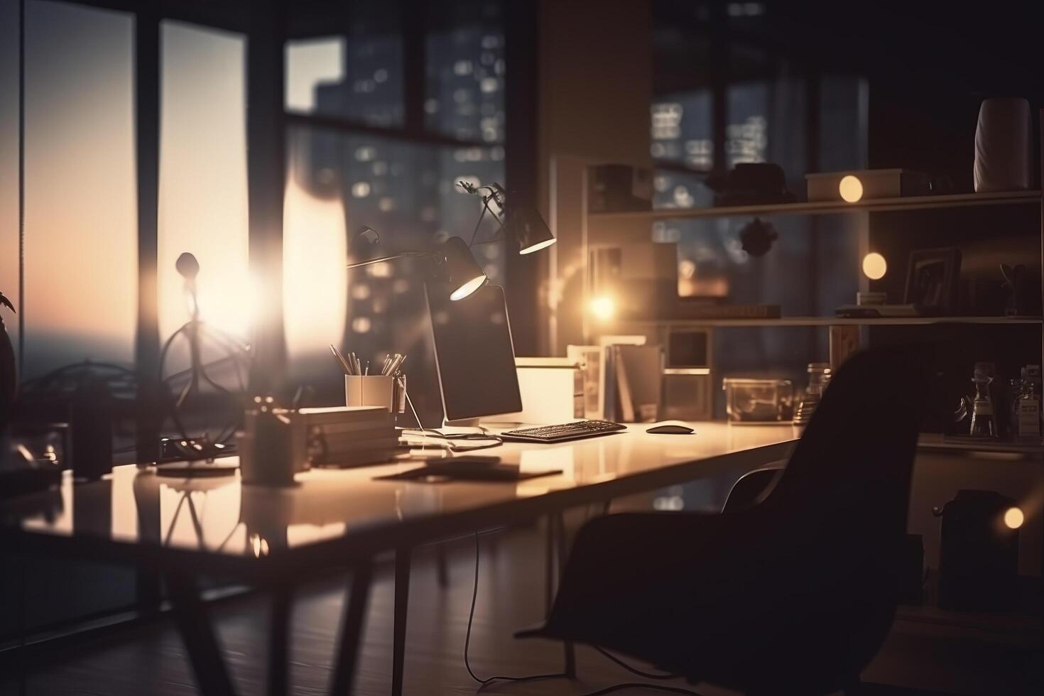 Blurred office workspace in the evening interior. photo