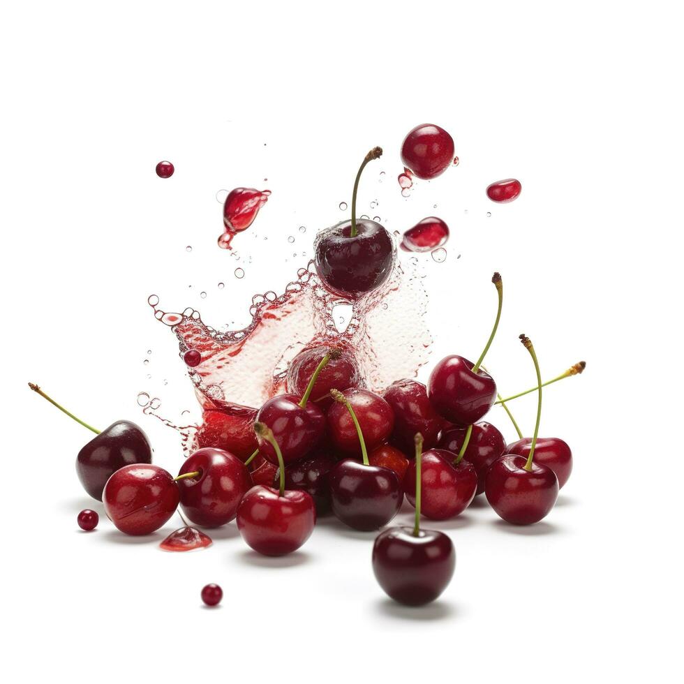 Whole and sliced fresh cherries in the air, isolated on a white background, generate ai photo