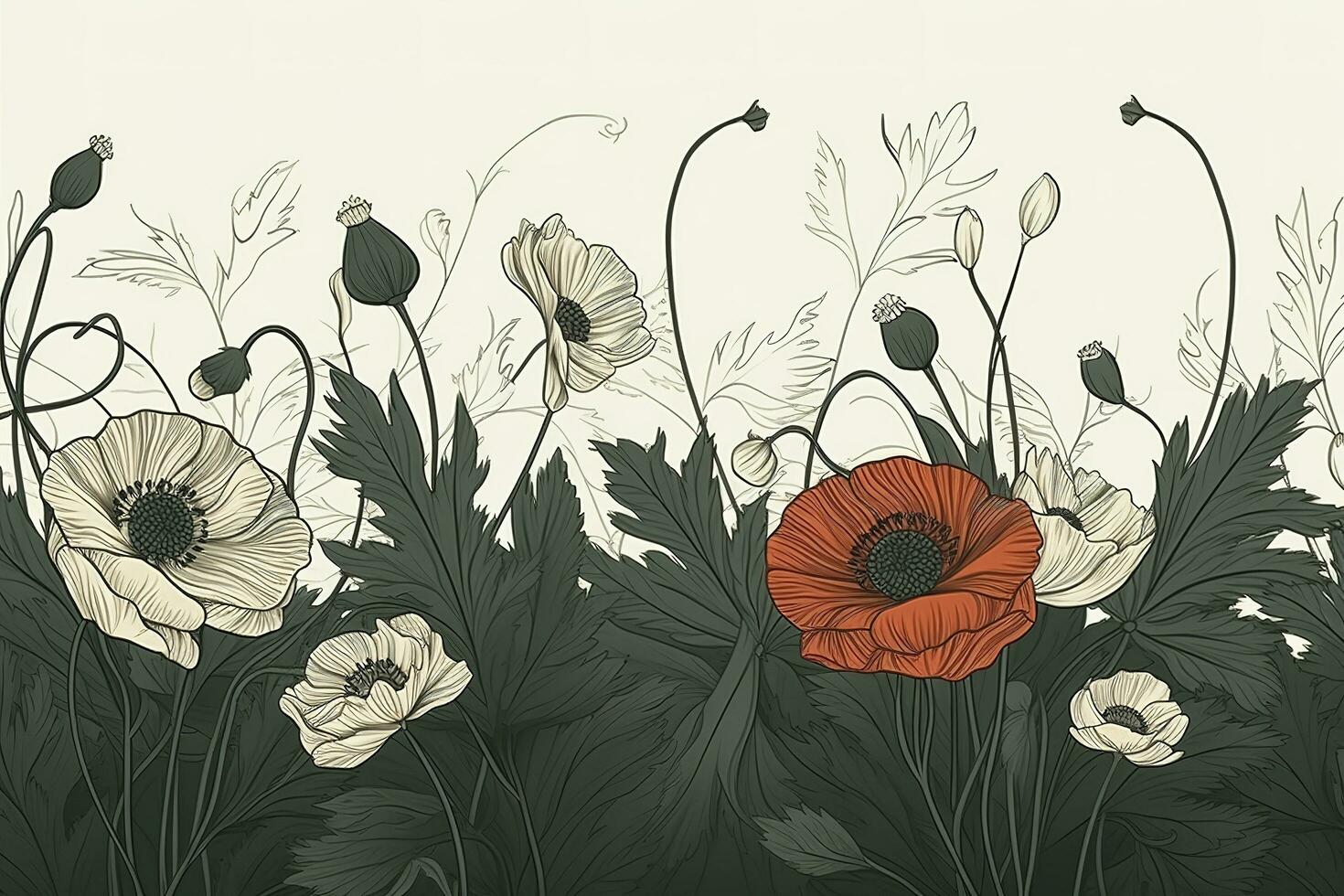 Luxury botanical background with trendy greenery and poppy flower. Vintage foliage background. For wedding invitation, wall art or card template. Minimal line , generate ai photo