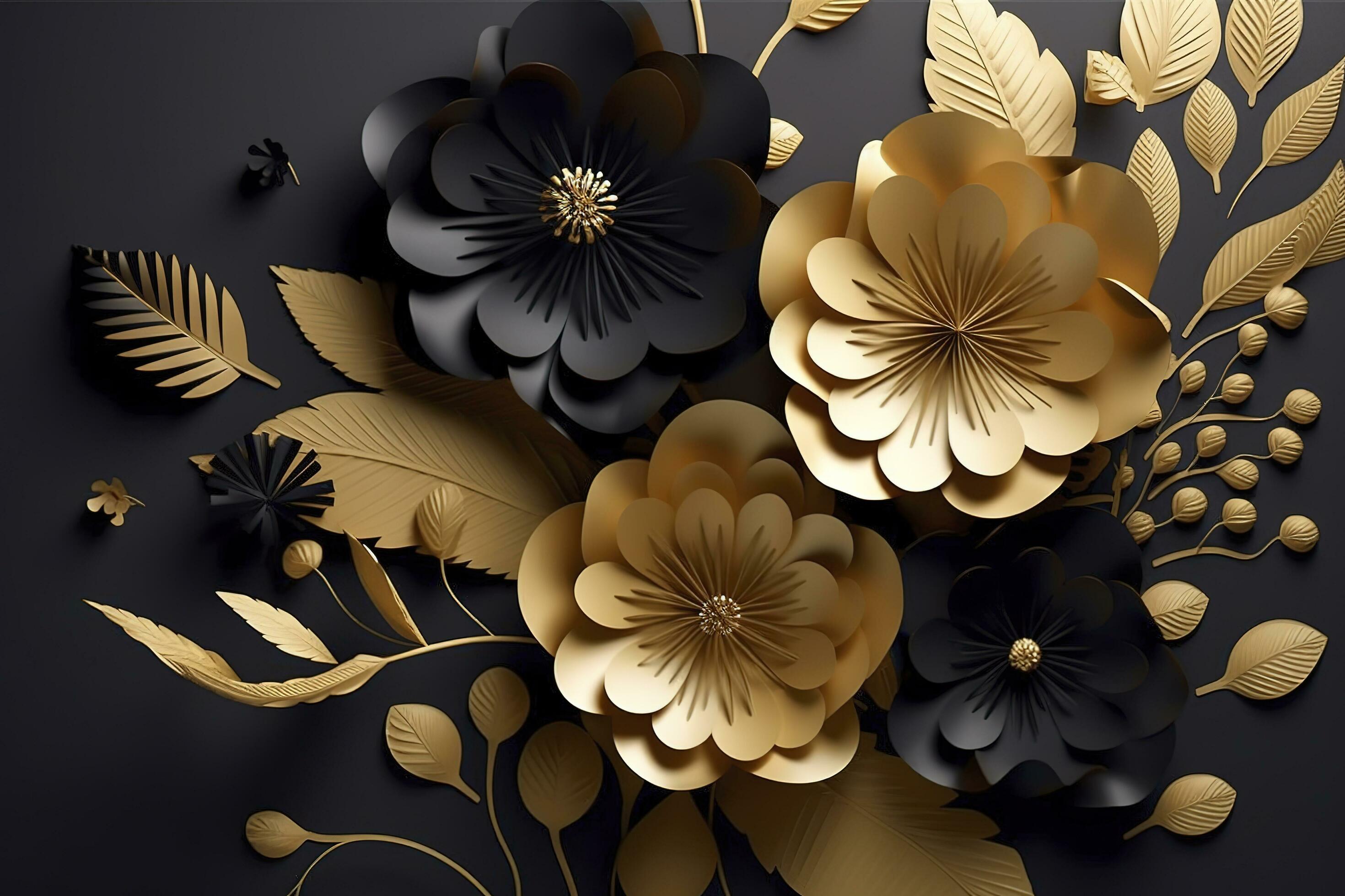 3d mural floral wallpaper. golden and black flowers and leaves. 3d render  background wall decor, generate ai 24475582 Stock Photo at Vecteezy