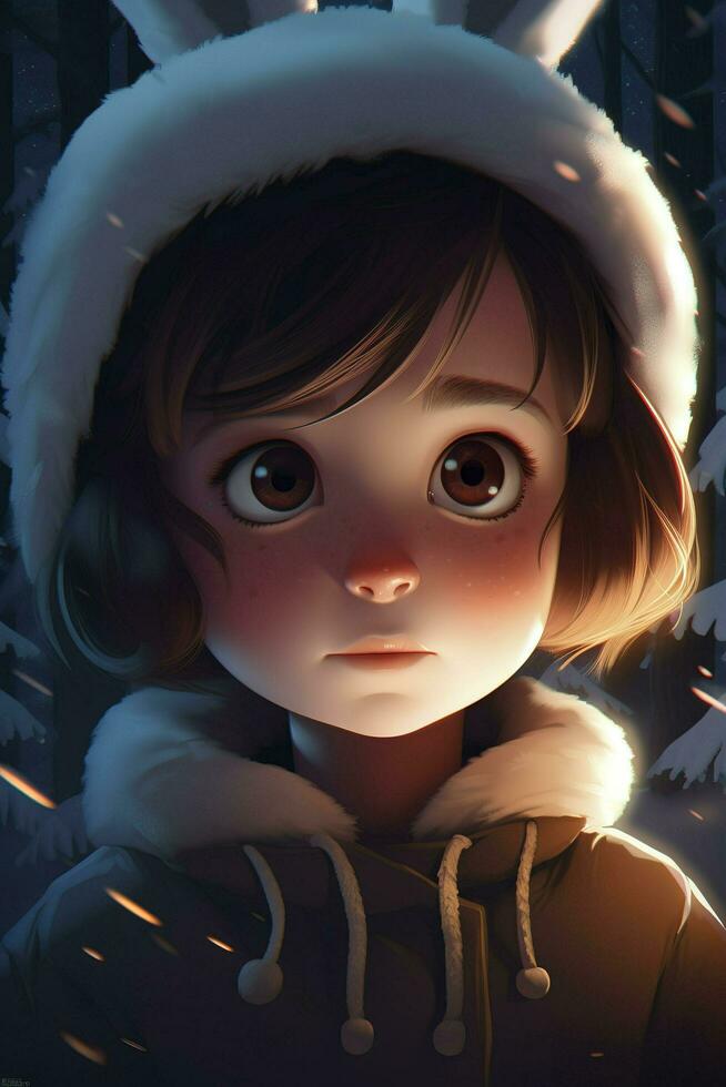 Hyper-detailed portrait illustration in the style of Disney Pixar and Ilya Kuvshinov, in a magical glowing winter forest, chibi rabbit, sparkling white fur, generate ai photo