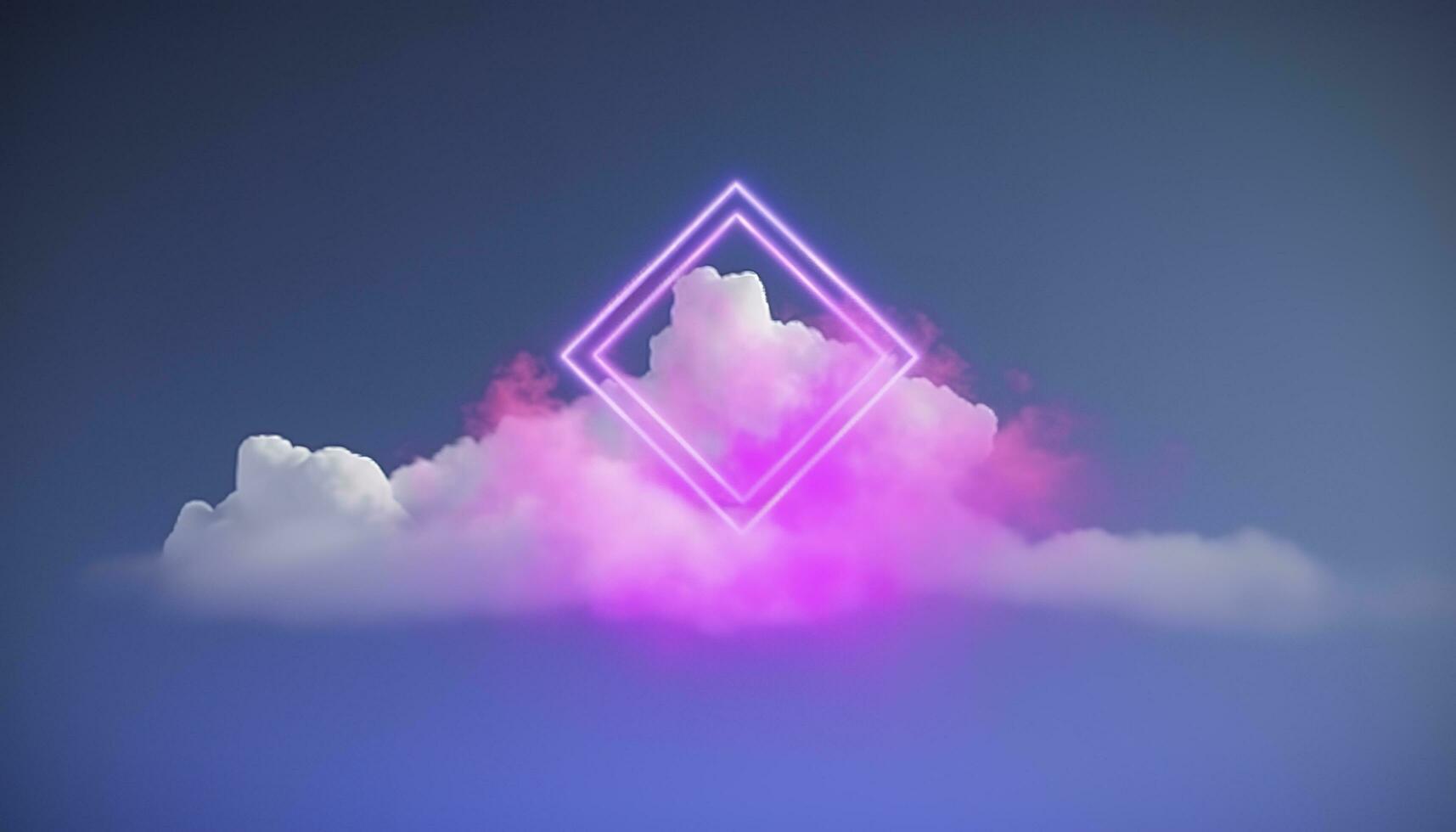 3d render, abstract minimal background with pink blue yellow neon light square frame with copy space, illuminated stormy clouds, glowing geometric shape, generate ai photo