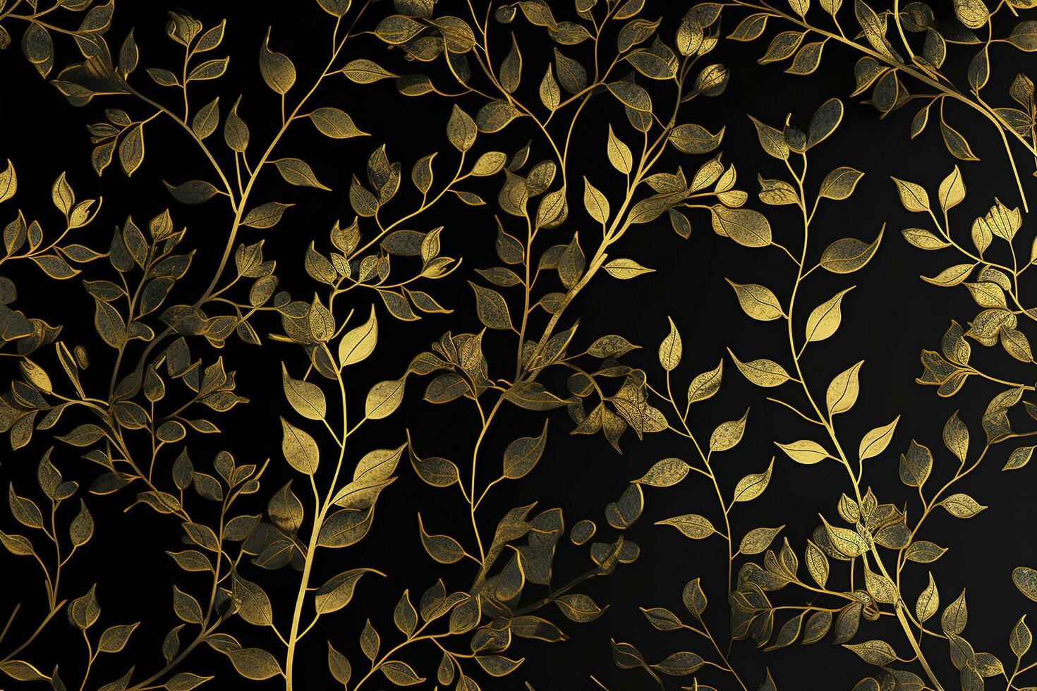 3d wallpaper mural. golden branches leave. black art background, generate ai photo