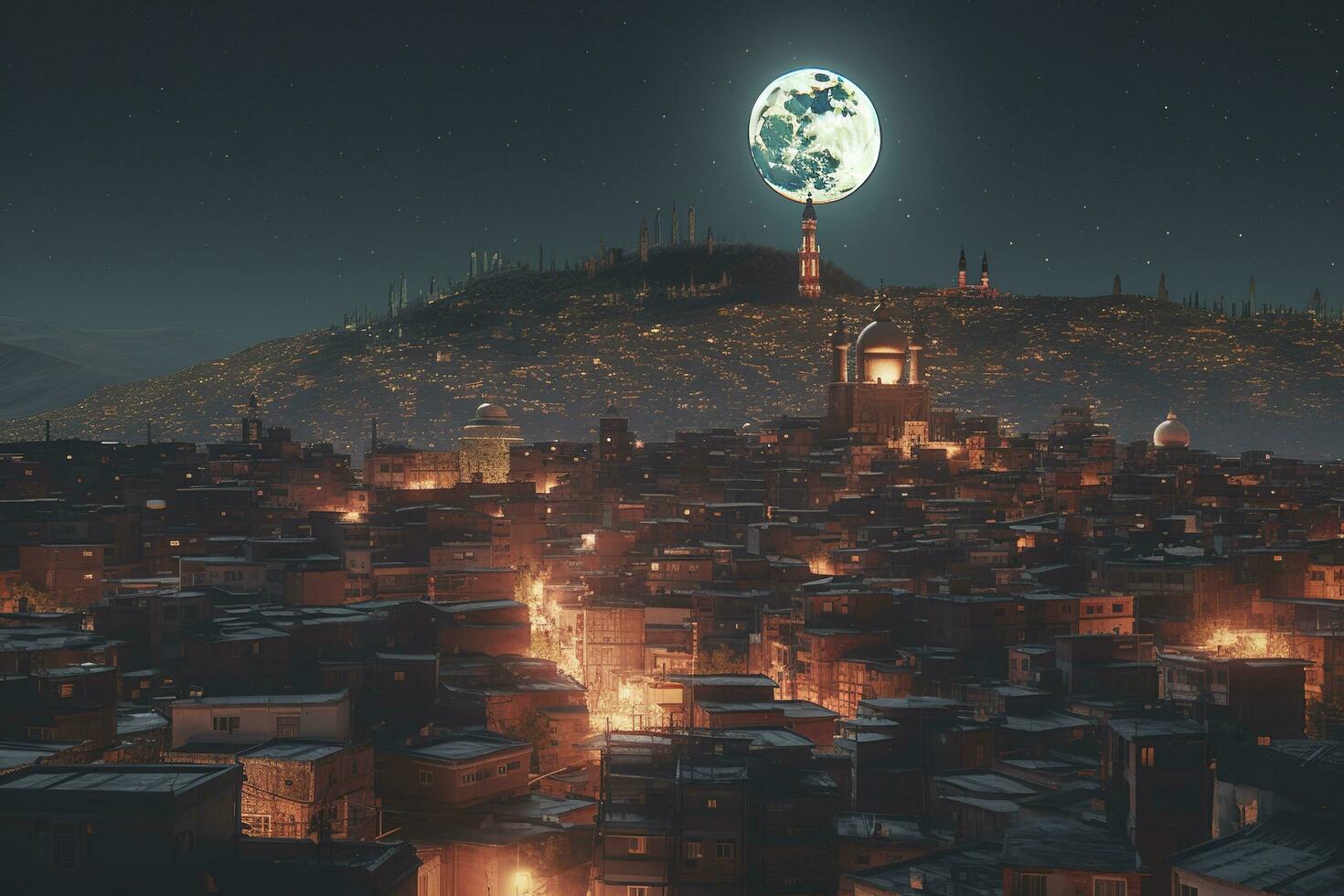 a city skyline with a full moon and city lights, in the style of web Anderson, Sultan Mohammed, Alex Prager, Quito school, cinematic stills, frost punk, glittery and shiny, generate ai photo