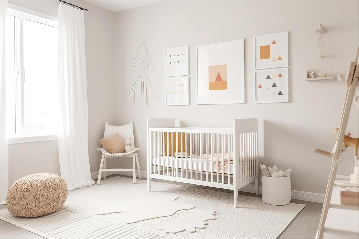 Modern minimalist nursery room in scandinavian style. Baby room interior in light colours, image photo