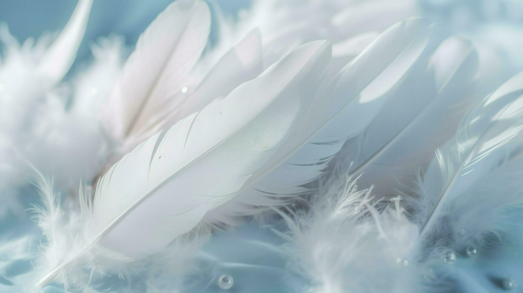 a bright blue background with one white feather, in the style of soft and dreamy pastels, glimmering light effects, nature inspired imagery, fairycore, soft focal points, generate ai photo