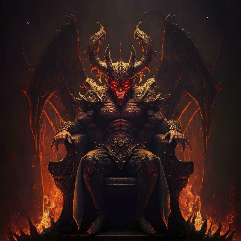diablo en infierno, demonio sentado en un trono, guerrero Rey sentado en el trono. fantasía escenario. concepto arte, generar ai foto