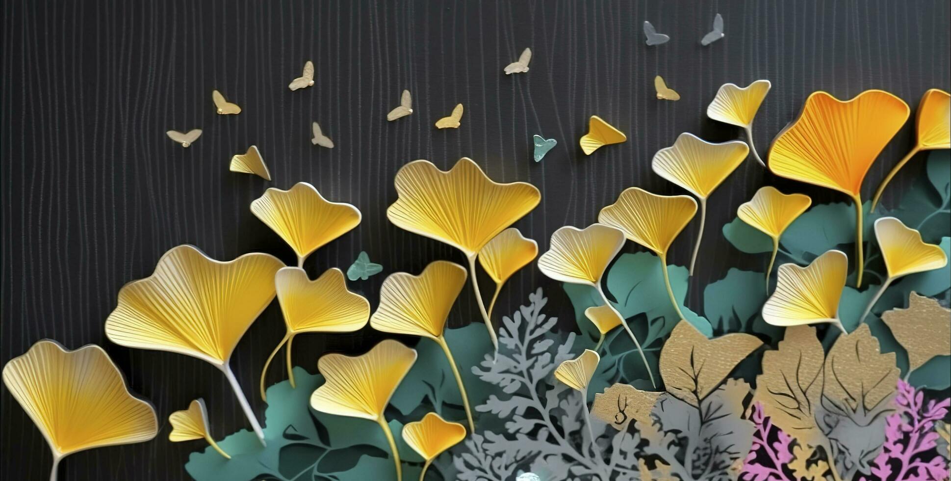 3d colorful illustration of ginkgo leaves, deer, and leaves in dark background. minimalist hand-painted canvas art wall frame decor, generate ai photo