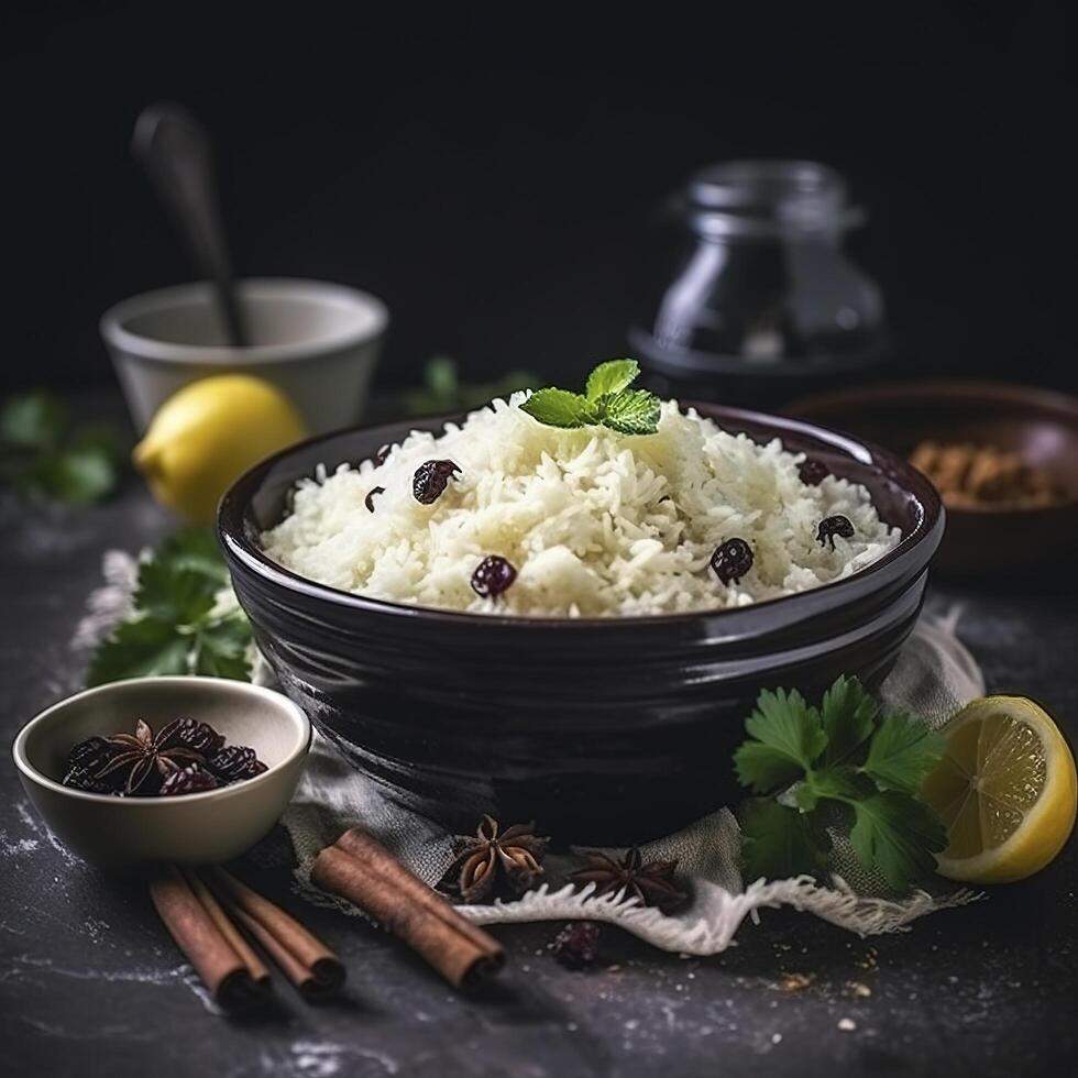 cooked rice with seasonings and raisins on dark surface meal food rice